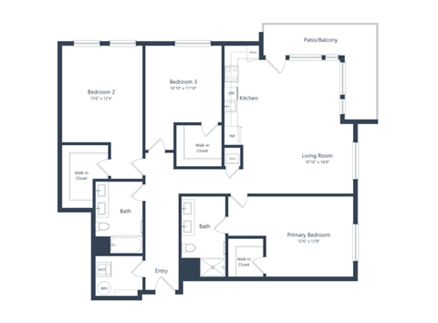 A floor plan of a house with three bedrooms and a living room.